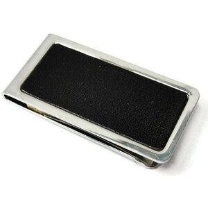 Money Clip Stainless Steel Black Leather Insert Credit Card Cash ID Holder